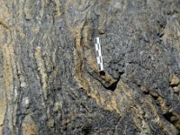 DSC0602 DxO  Alternance de lits clairs (quartz et feldspaths ayant fondu) et de lits sombres (amphiboles et micas plus réfractaires). Le métamorphisme de ces gneiss migmatitiques est daté de 618 Ma (orogénèse cadomienne).