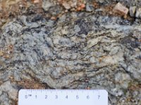 DSC1794 DxO  Migmatite. Les lits clairs quartzo-feldspathiques de composition granitique résultent de la fusion partielle de la roche d'origine. Les lits sombres riches en biotite correspondent à la partie réfractaire.
