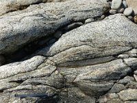 DSC1969 DxO  Migmatites. Alternance de lits plus ou moins plissés : le gneiss d'origine, ici le paragneiss de Lesneven. Parties claires sans orientation : le granite issu de la fusion. Zones sombres riches en biotite : le résidu réfractaire ou restite.