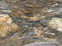 DSC2155 DxO  Gros amas de quartz bordés de biotite. L'allongement des minéraux est dans le sens de l'étirement de la roche et perpendiculaire à la pression.